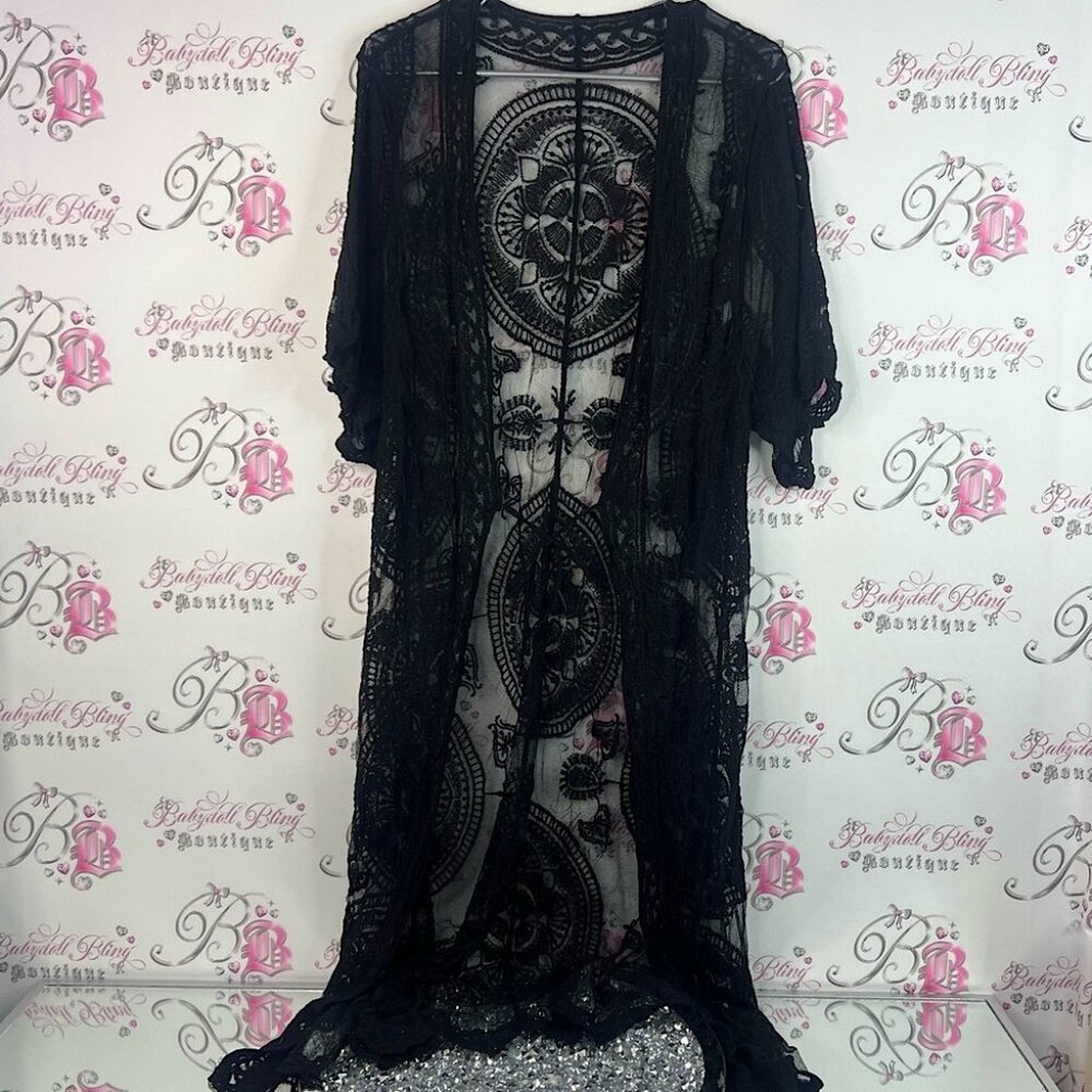 Black Lace cardigan Kimono Cardigan long crochet mesh boho flowy coverup